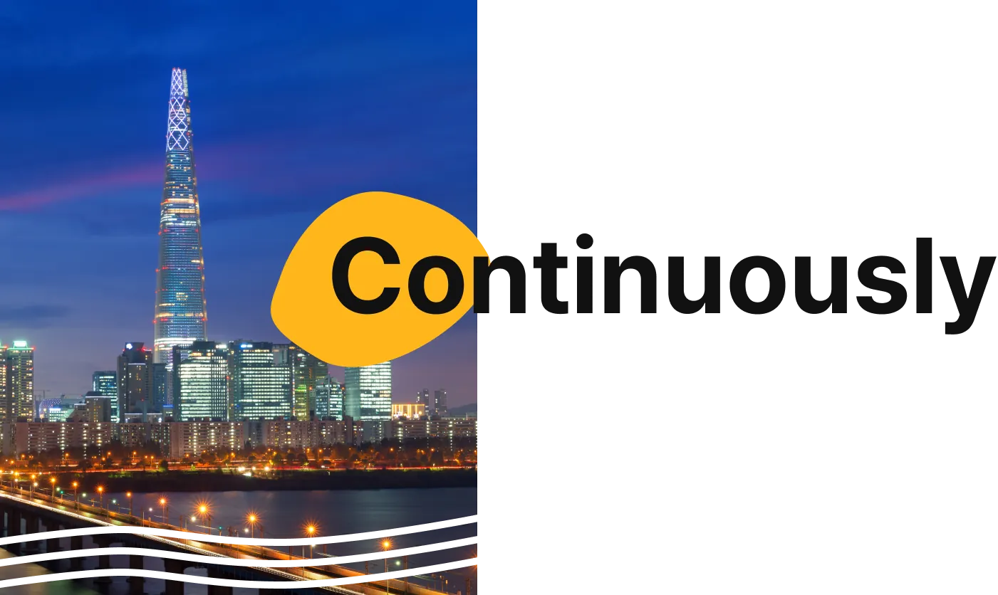 한강 다리와 서울 도심 야경 스카이라인 — 창조시티 핵심가치 Continuously(될때까지한다)